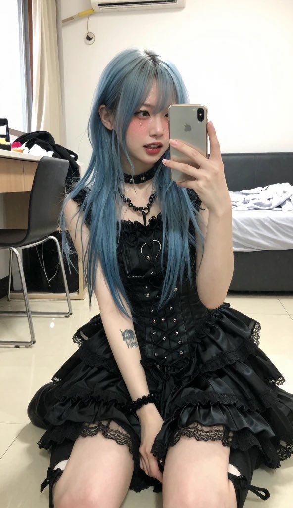 A young woman with long blue hair takes a selfie in a black gothic lolita dress, indoors.