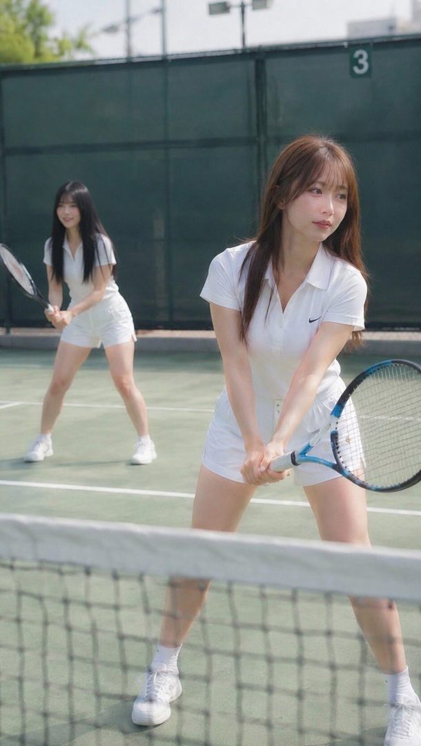 Two young women in white tennis outfits holding rackets on a tennis court.