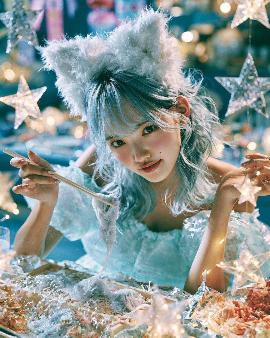 A young woman with blue hair and cat ears is eating noodles with chopsticks, surrounded by festive lights and decorations.