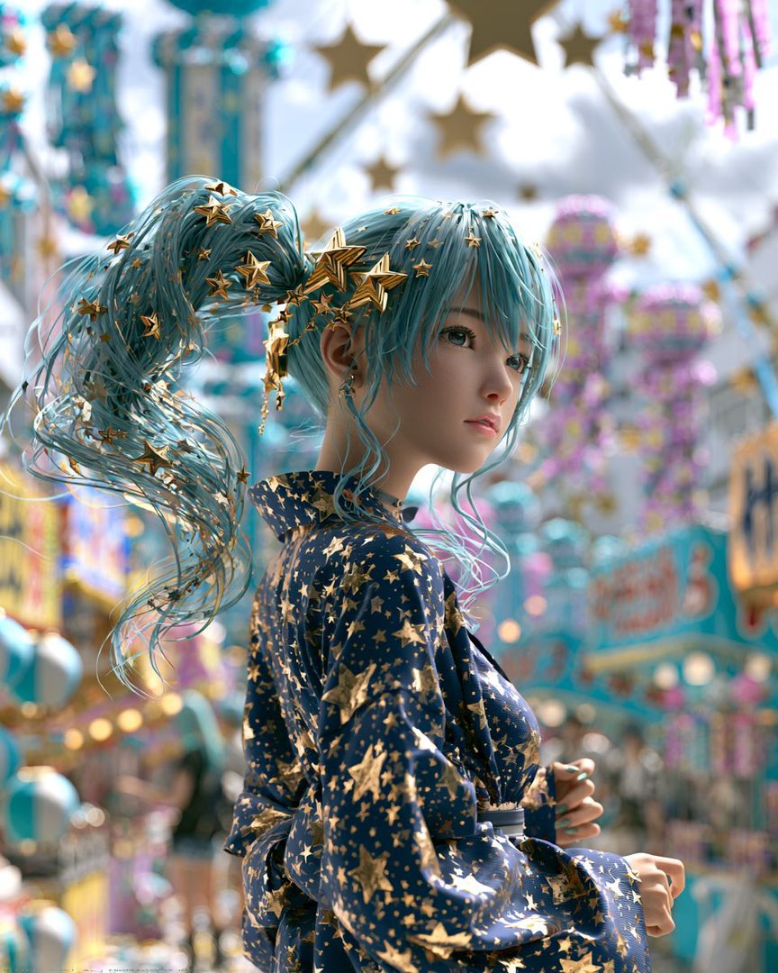 A young woman with blue hair styled in a high ponytail adorned with golden stars, wearing a dark blue robe with a golden star pattern, poses outdoors with a festive, star-filled background.