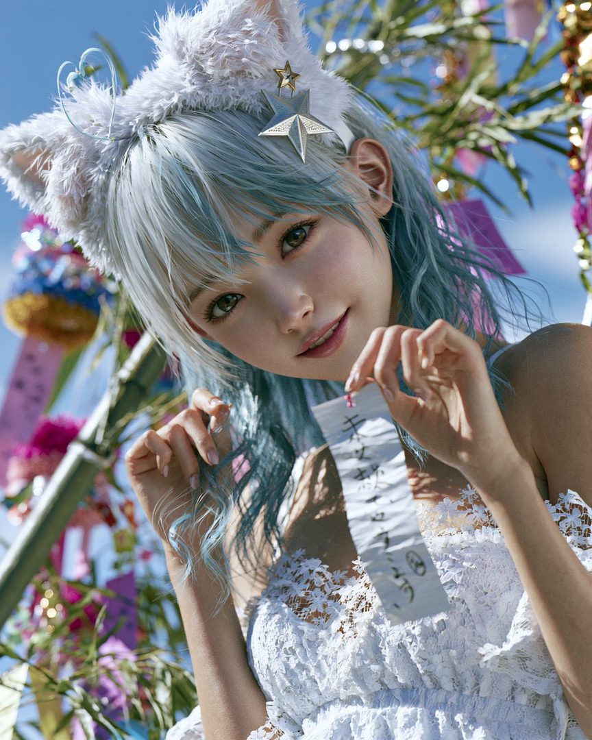 A photorealistic AI portrait of a young woman with white and blue hair, wearing cat ears and a white lace dress, holding a Tanabata wish paper.
