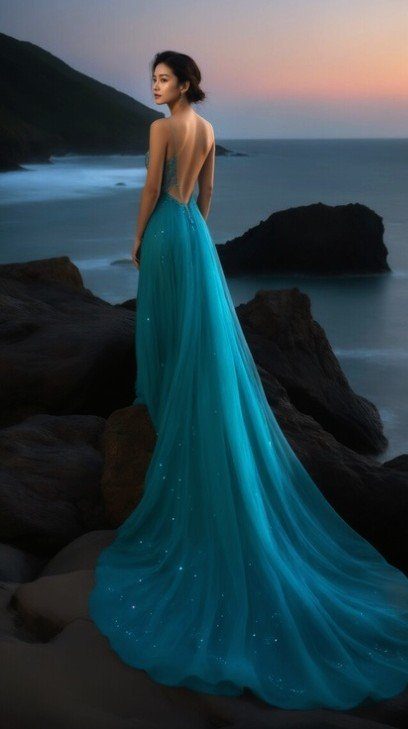 A woman in an elegant teal gown with a long train stands on rocks by the sea at dusk.