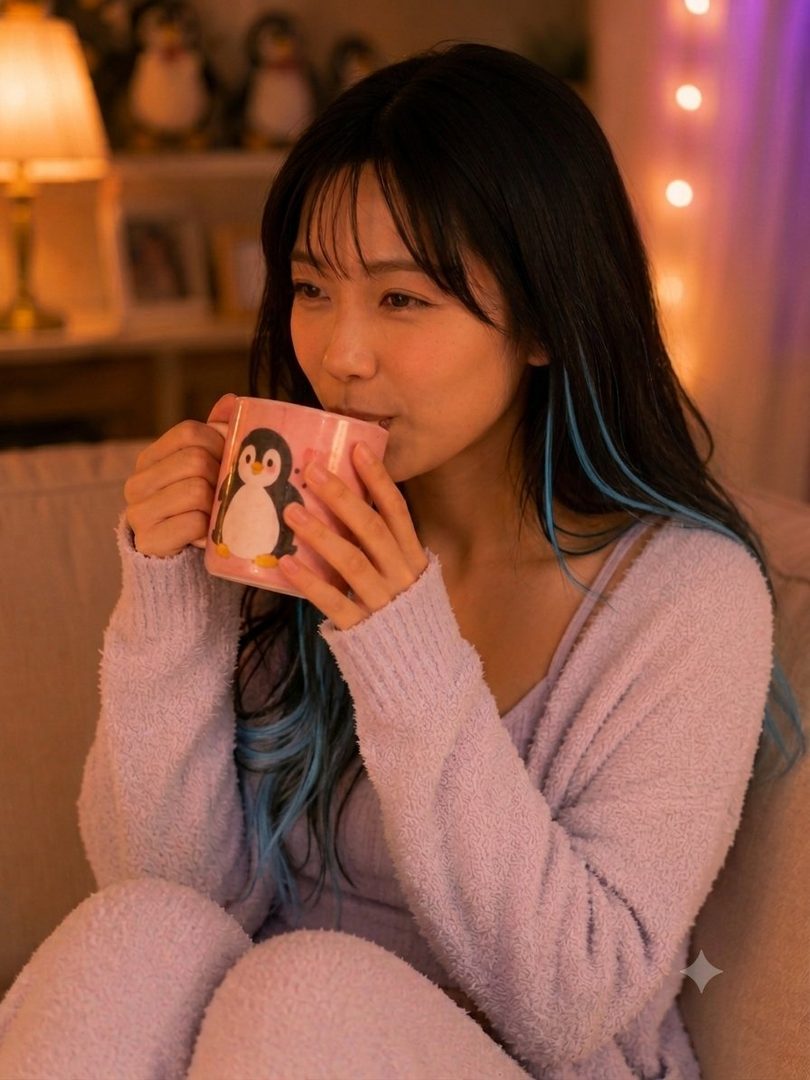 A young East Asian woman with long black hair, some strands dyed blue, drinks from a pink mug with a penguin design while wearing a cozy lavender sweater indoors.