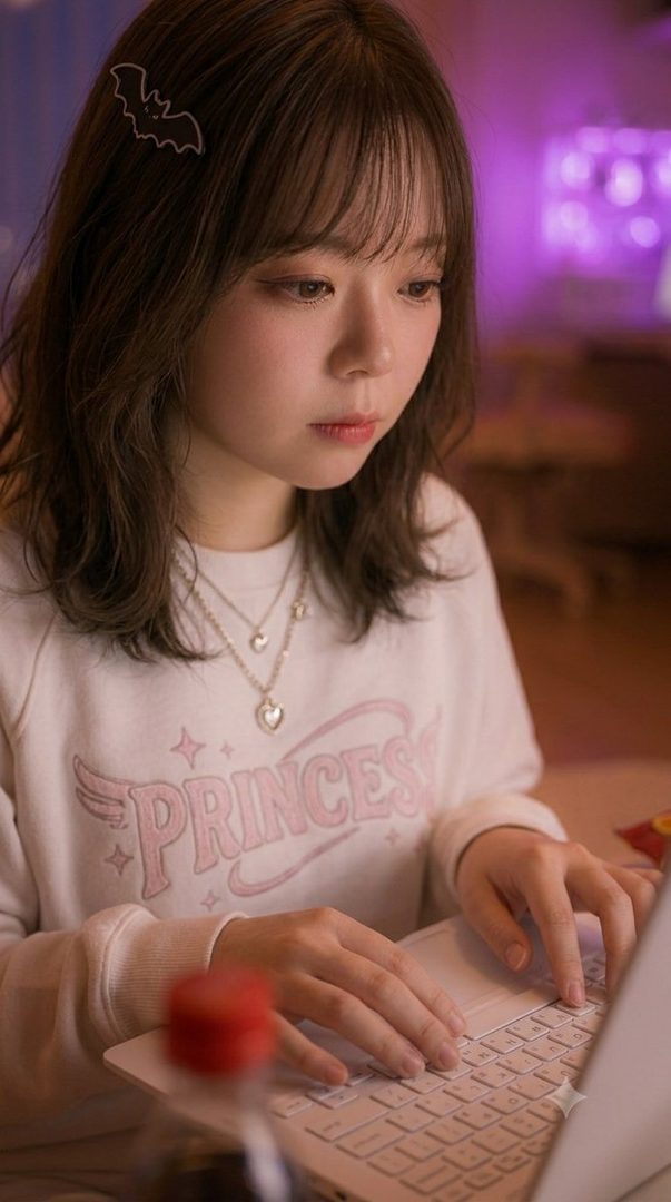 A young woman with brown hair and bangs, wearing a white "Princess" sweatshirt and a bat hair clip, is focused on typing on a laptop in a dimly lit room with purple lighting.