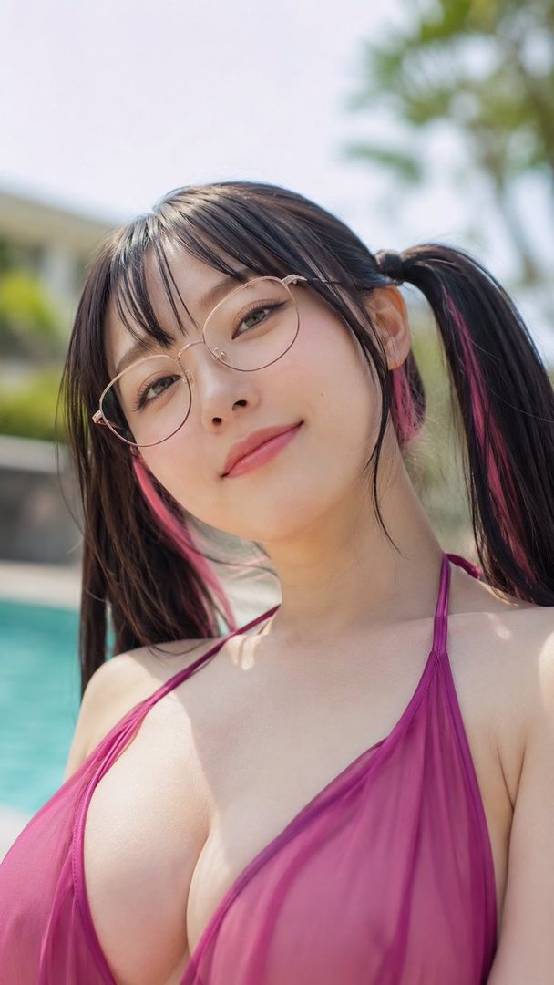 A young woman with dark hair in pigtails with pink streaks and glasses, wearing a pink bikini top, smiles at the camera by a pool.