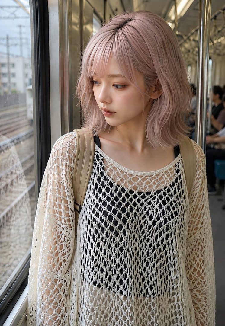 A young woman with short, pinkish hair looks out a train window, wearing a crocheted overlay over a black top.