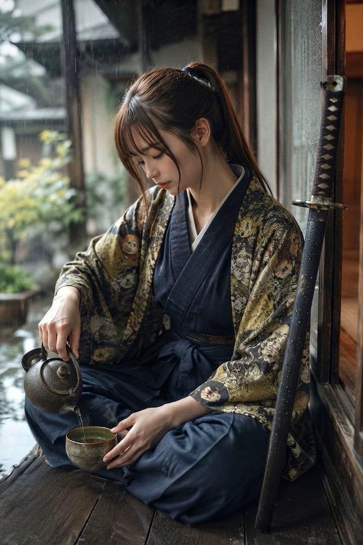 A young Japanese woman in traditional attire, pouring tea next to a katana in the rain.
