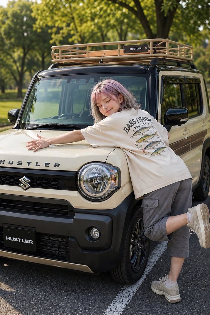 A young woman with pink-tinted hair leans affectionately against a beige Suzuki Hustler car, wearing a t-shirt with a fish graphic and cargo pants.