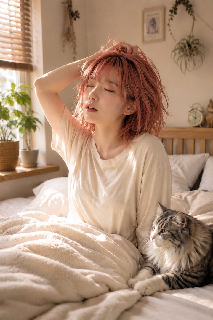 A young woman with short, pinkish hair stretches in bed on a sunny morning, with a cat lying beside her.