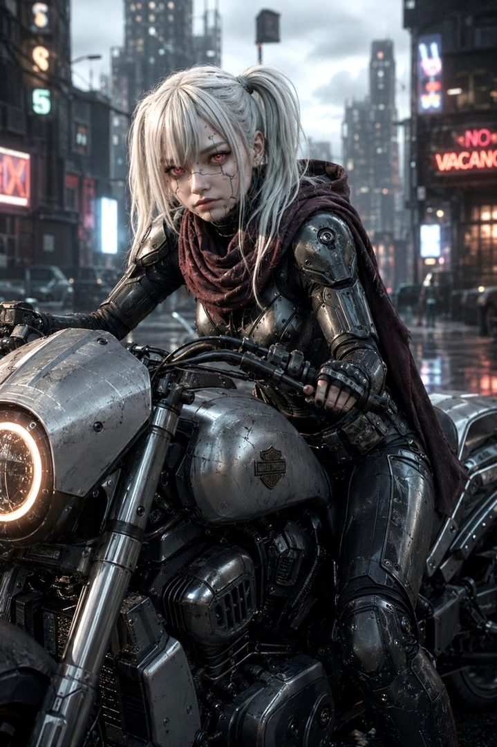 A cyberpunk woman with white hair and red eyes sits on a motorcycle in a rainy city at night.