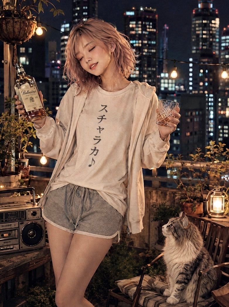 A young woman with pink hair holds a bottle of whiskey and a glass on a rooftop at night, with a cat sitting nearby.