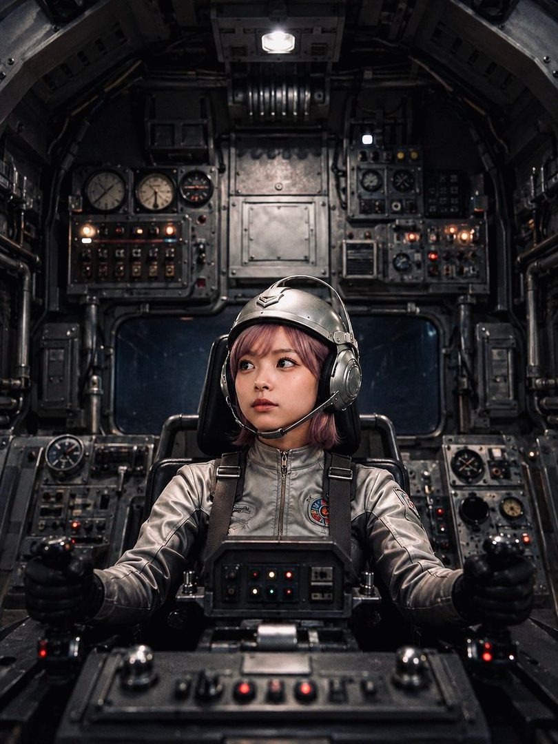 A young woman with short pink hair and a silver pilot's uniform sits in the cockpit of a spaceship, holding the controls.