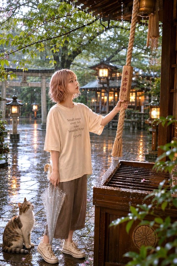 A young Japanese woman with short pink hair stands in the rain at a shrine, holding a rope and an umbrella, with a cat sitting beside her.