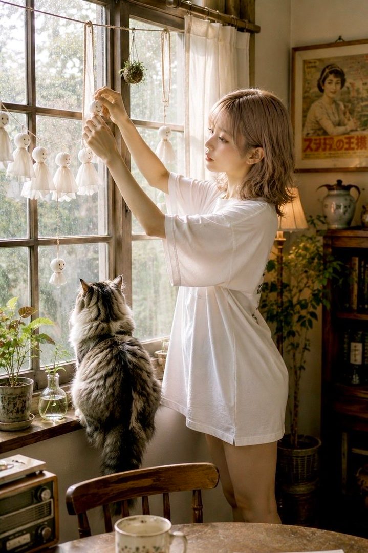 A young woman with short brown hair, wearing a white t-shirt dress, stands by a window with a cat, arranging decorations.
