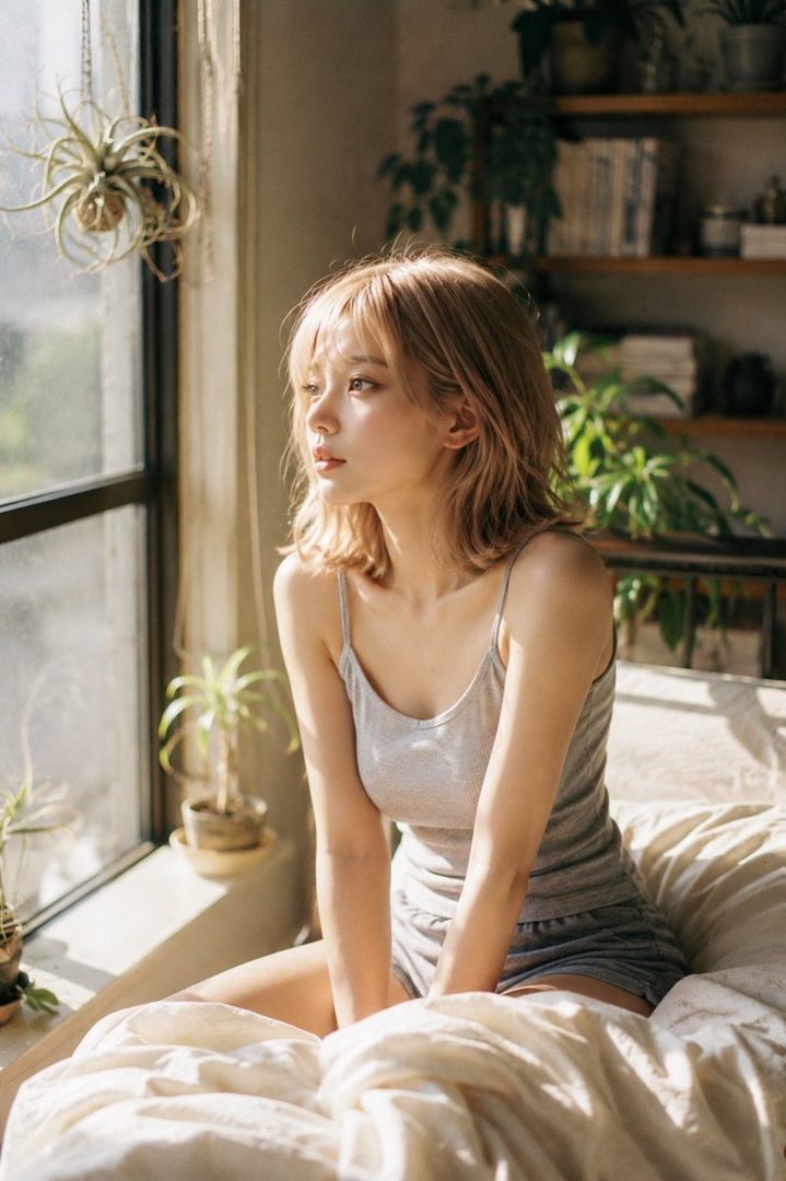 A young woman with short blonde hair sits by a window, looking out thoughtfully. She is wearing a grey tank top and shorts, with plants visible in the background.