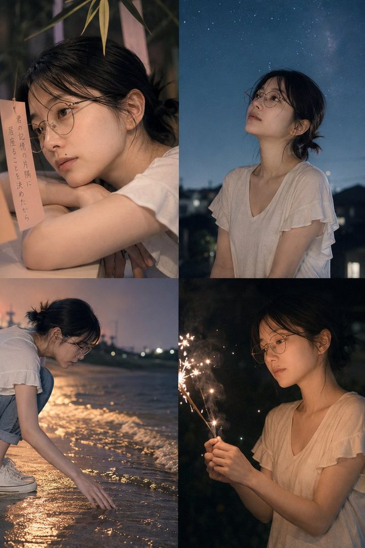 A young Japanese woman with dark hair tied in a ponytail, wearing glasses, poses in various outdoor settings including by the water, under the stars, and holding sparklers.