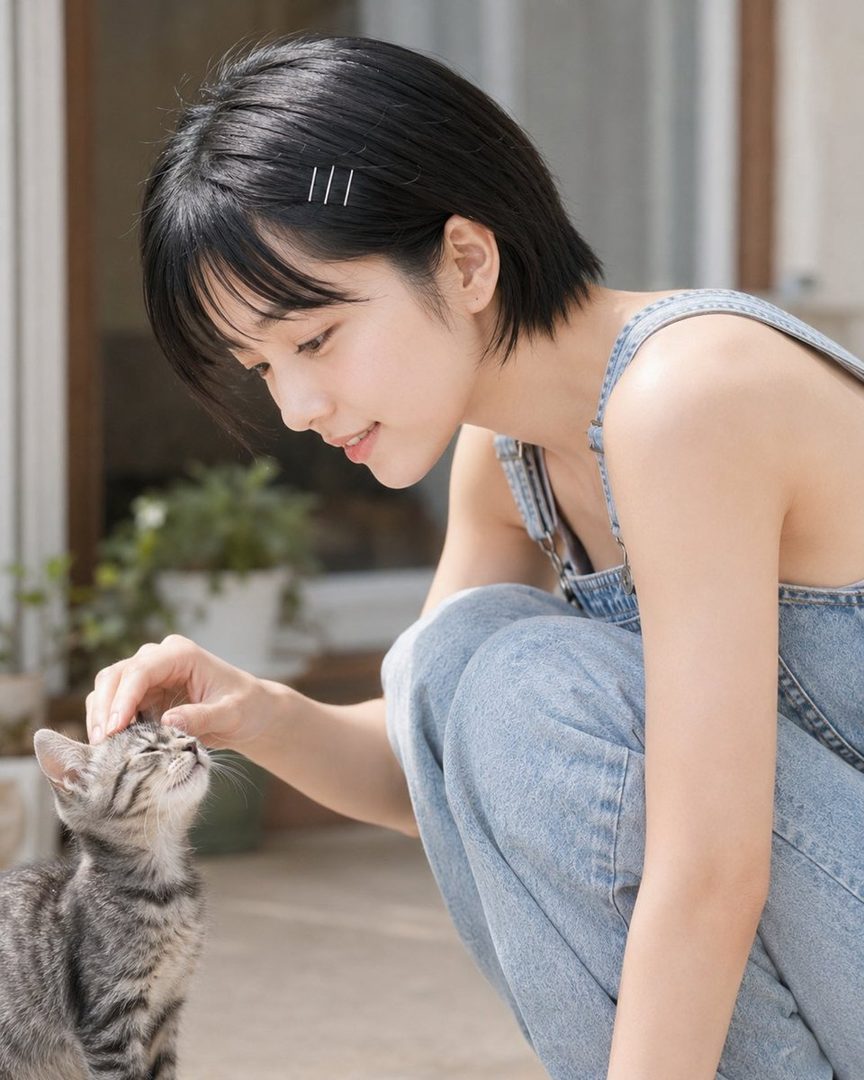 A young woman with short black hair, wearing denim overalls, gently pets a tabby kitten outdoors.