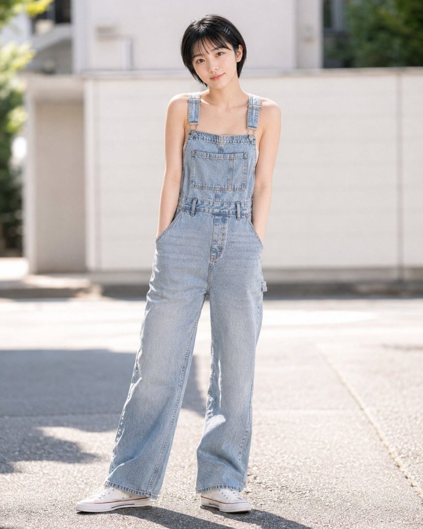 A young woman with short black hair wearing denim overalls and white sneakers stands outdoors.