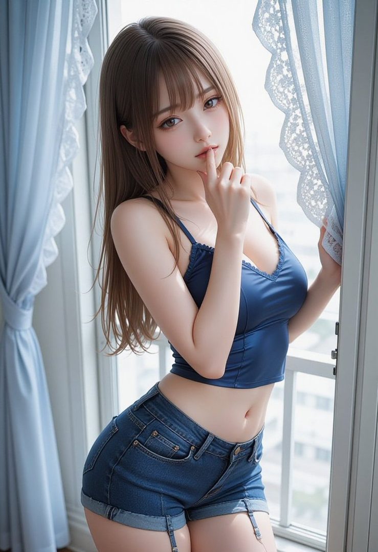 A young woman with long brown hair and bangs, wearing a blue camisole and denim shorts, poses by a window with blue curtains.