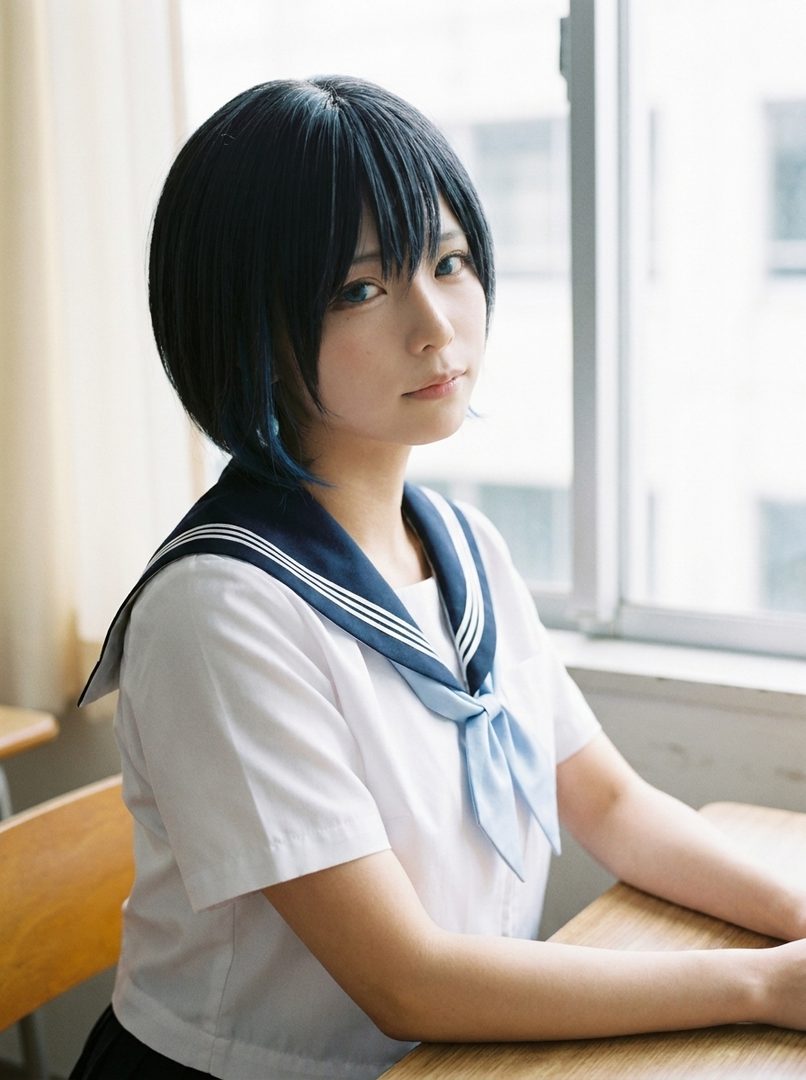 A young woman with short black hair and blue streaks, wearing a Japanese school uniform, sits at a desk by a window.