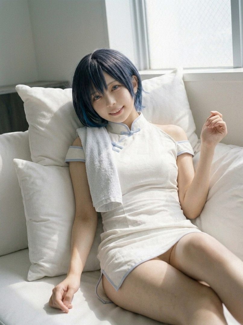 A young woman with short black hair and blue highlights, wearing a white dress, poses on a couch.