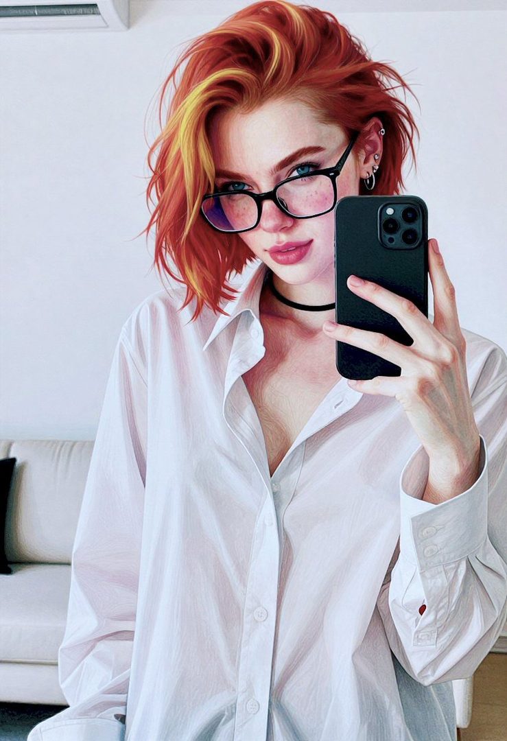 A young woman with short, vibrant red and yellow hair, wearing glasses and a white button-up shirt, takes a selfie with her phone.