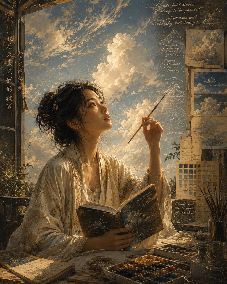 A young East Asian woman with her hair in a bun, wearing a light-colored robe, sits indoors reading a book and holding a paintbrush, looking up at the sky.
