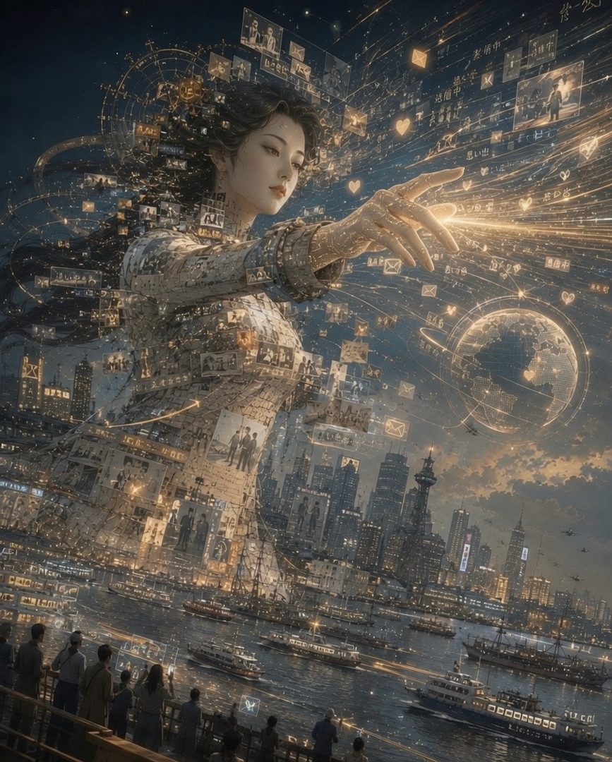 A majestic AI-generated portrait of a woman with long black hair, adorned with digital data streams and images, overlooking a futuristic cityscape at night.