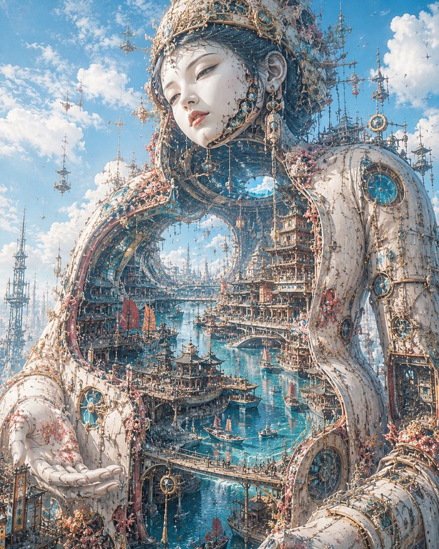A photorealistic AI-generated portrait of a giant woman with a steampunk-inspired city built within her body, set against a bright blue sky with clouds.