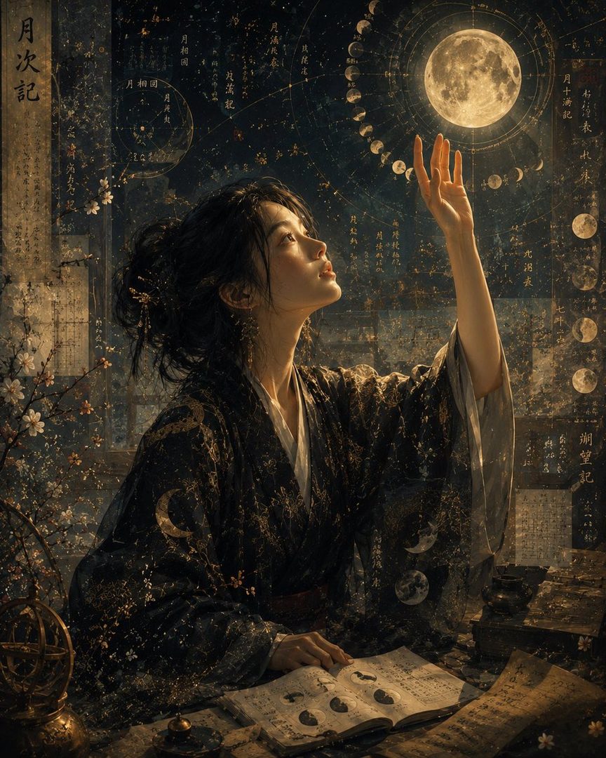 A woman in a traditional kimono gazes at the moon and its phases, surrounded by ancient texts and astronomical instruments.