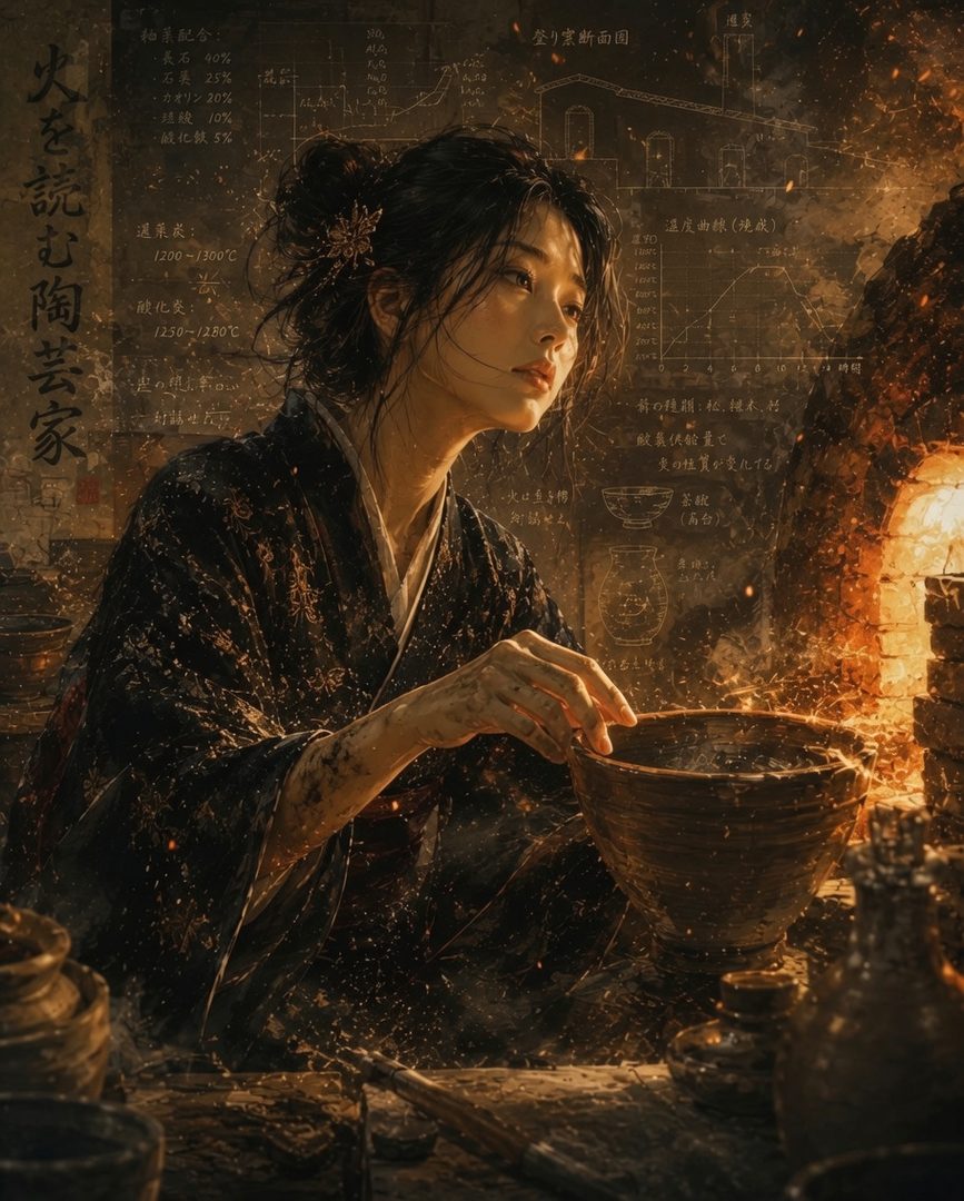 A young East Asian woman in traditional Japanese clothing works with pottery in a dimly lit workshop, with diagrams and kiln schematics in the background.