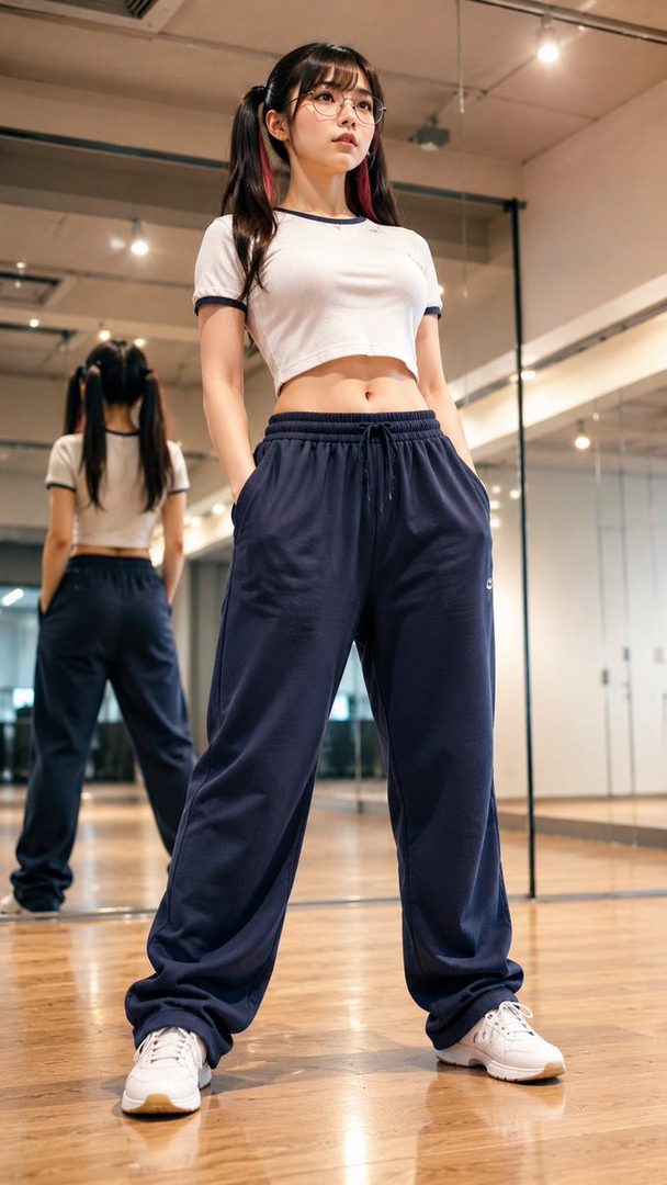 A young woman with black hair in pigtails and pink streaks, wearing glasses, a white crop top, and navy sweatpants, stands in a dance studio.