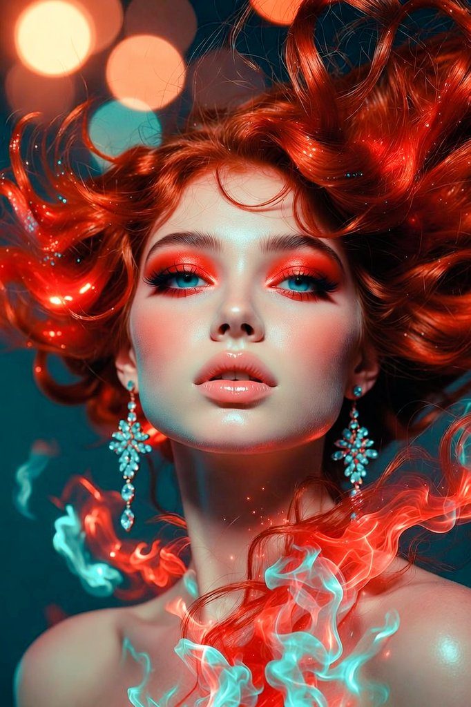 A stunning AI-generated portrait of a woman with vibrant red, flowing hair and striking blue eyes, adorned with elaborate jewelry and dramatic makeup, set against a bokeh background.
