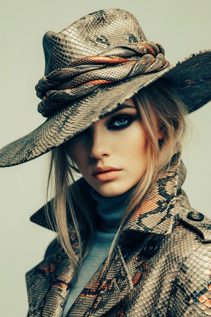 A striking portrait of a blonde woman wearing a snakeskin-patterned hat and coat, with dramatic eye makeup.