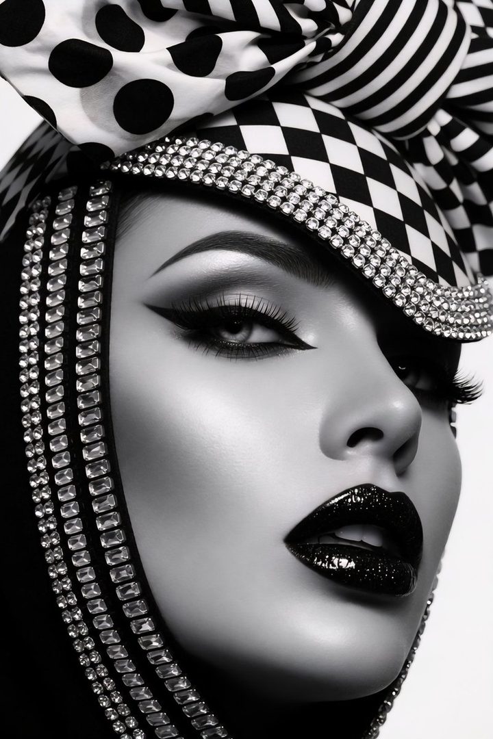 Monochromatic portrait of a woman with dramatic black makeup, wearing a black and white patterned headwrap adorned with rhinestones.