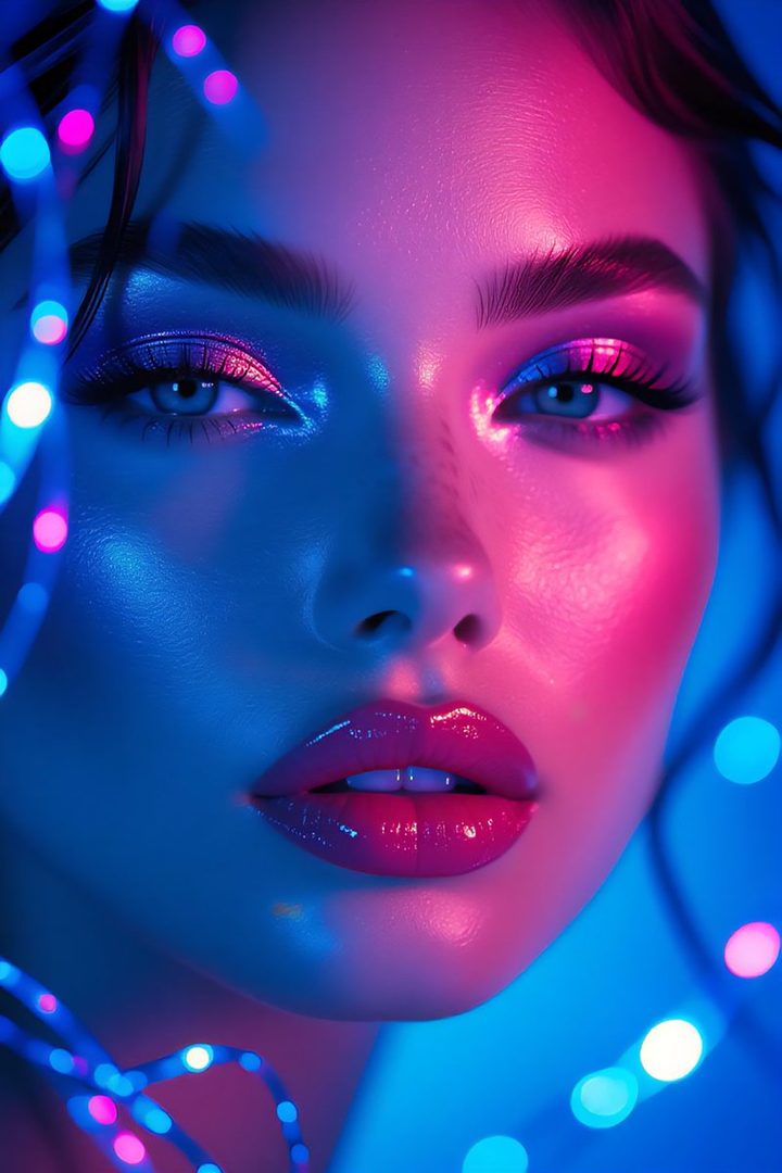 Close-up portrait of a woman with vibrant pink and blue neon lighting, featuring dramatic eye makeup and glossy lips, surrounded by bokeh lights.