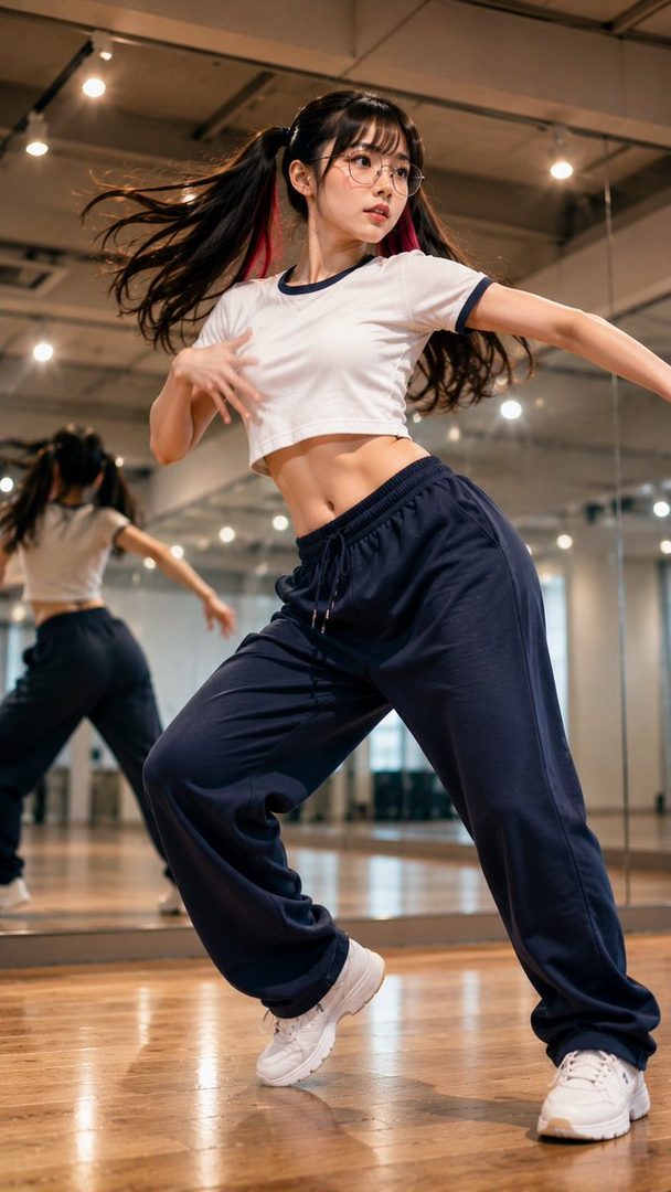 A young woman with pigtails and glasses is captured mid-dance in a studio, wearing a white crop top and dark sweatpants.