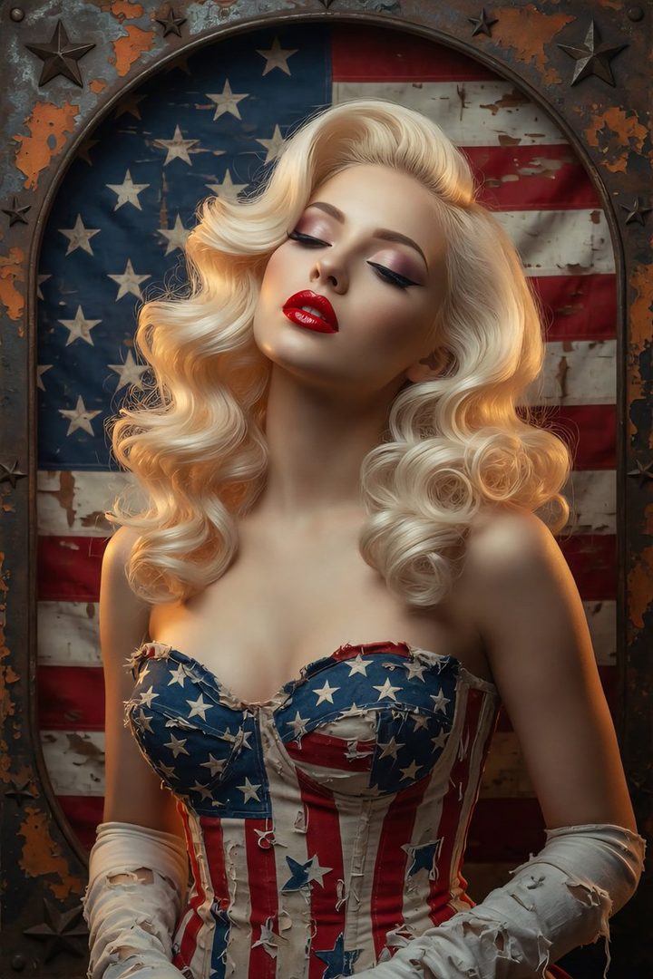 A glamorous woman with blonde curly hair and red lipstick, wearing a patriotic corset, poses in front of an American flag.