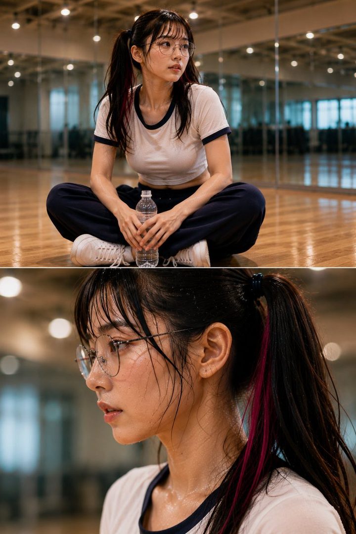 A young woman with black hair in pigtails and pink highlights, wearing glasses, a white cropped t-shirt, and sweatpants, sits on a wooden floor in a dance studio, holding a water bottle and looking tired.