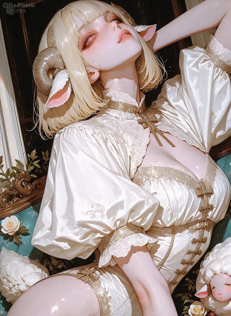 A blonde woman with ram horns and ears, wearing a white ornate dress, posing indoors.