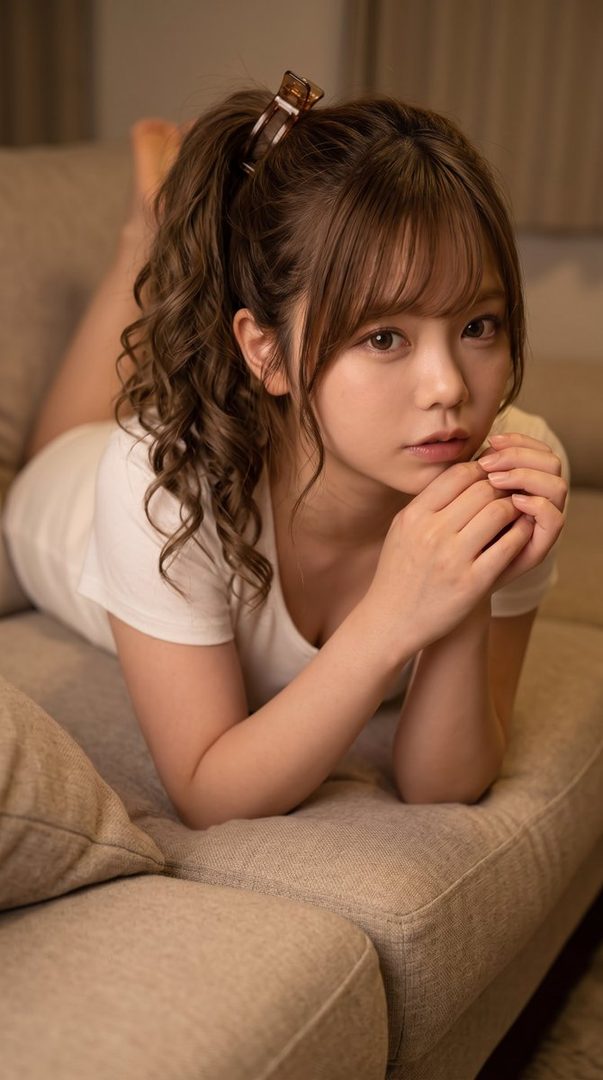 A young woman with brown hair in a ponytail, wearing a white t-shirt, lies on a sofa and looks at the camera.