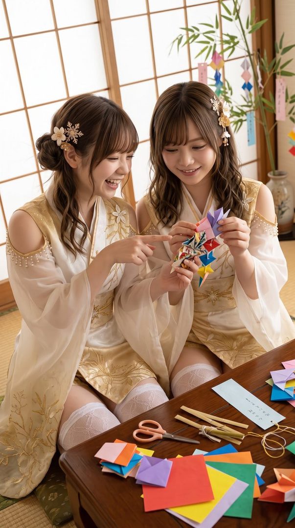 Two young East Asian women in traditional Japanese-inspired outfits, sitting indoors and making origami crafts, with a bamboo decoration in the background.