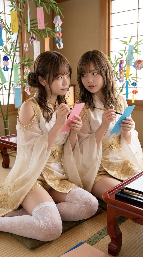 Two young Japanese women in traditional-inspired outfits, sitting indoors and writing on colorful paper strips, with a Tanabata decoration in the background.