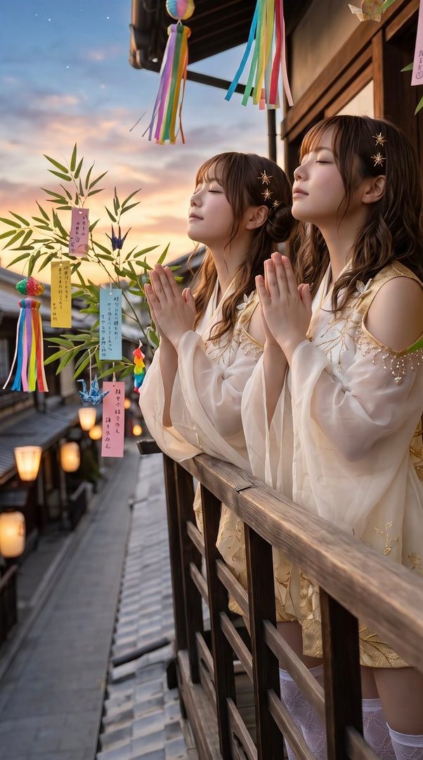 Two young women in traditional Japanese attire with their hands clasped in prayer, standing on a balcony overlooking a street decorated for Tanabata.