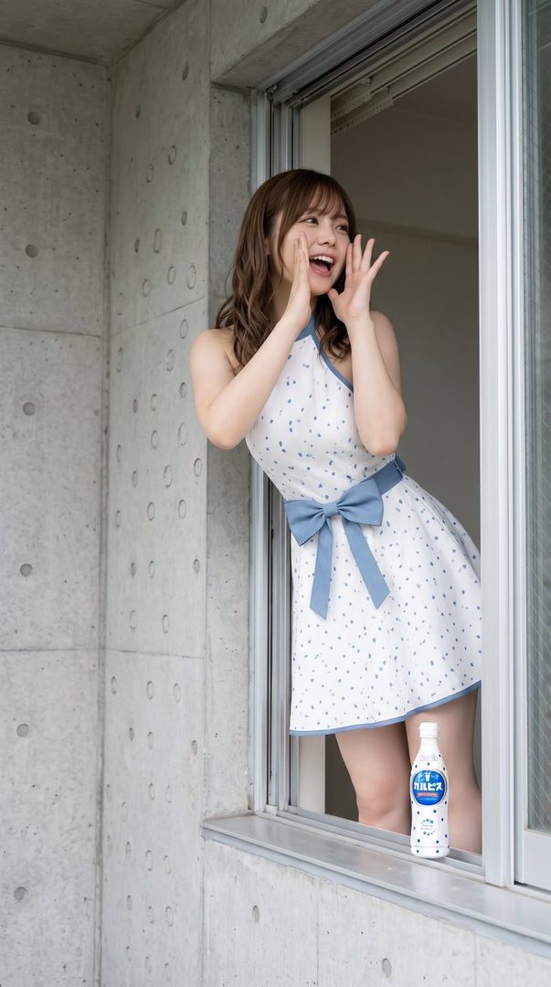 A young Japanese woman with brown hair, wearing a white and blue polka dot dress with a large blue bow, leans out of a window and calls out.