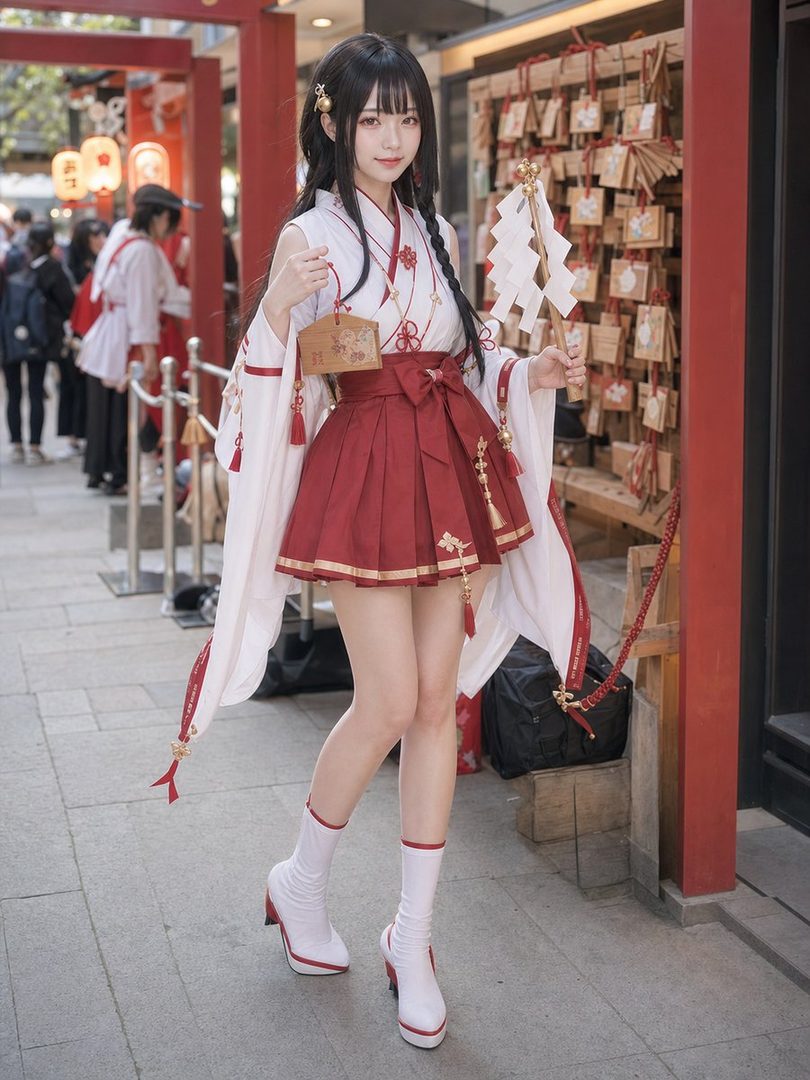 A young woman in a red and white shrine maiden outfit poses outdoors, holding a wooden charm and a paper talisman.