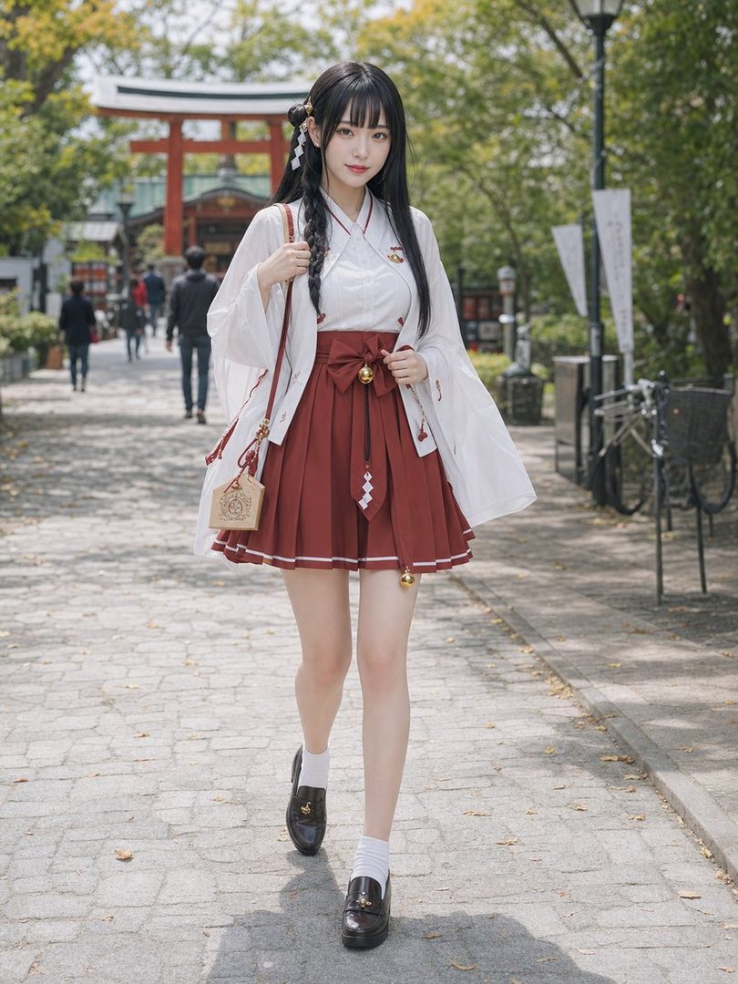 A young Japanese woman in a white and red shrine maiden outfit walks down a stone path, with a torii gate in the background.