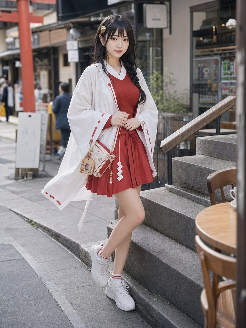 A young woman in a red and white outfit, resembling a shrine maiden, stands on a street with a braided hairstyle.