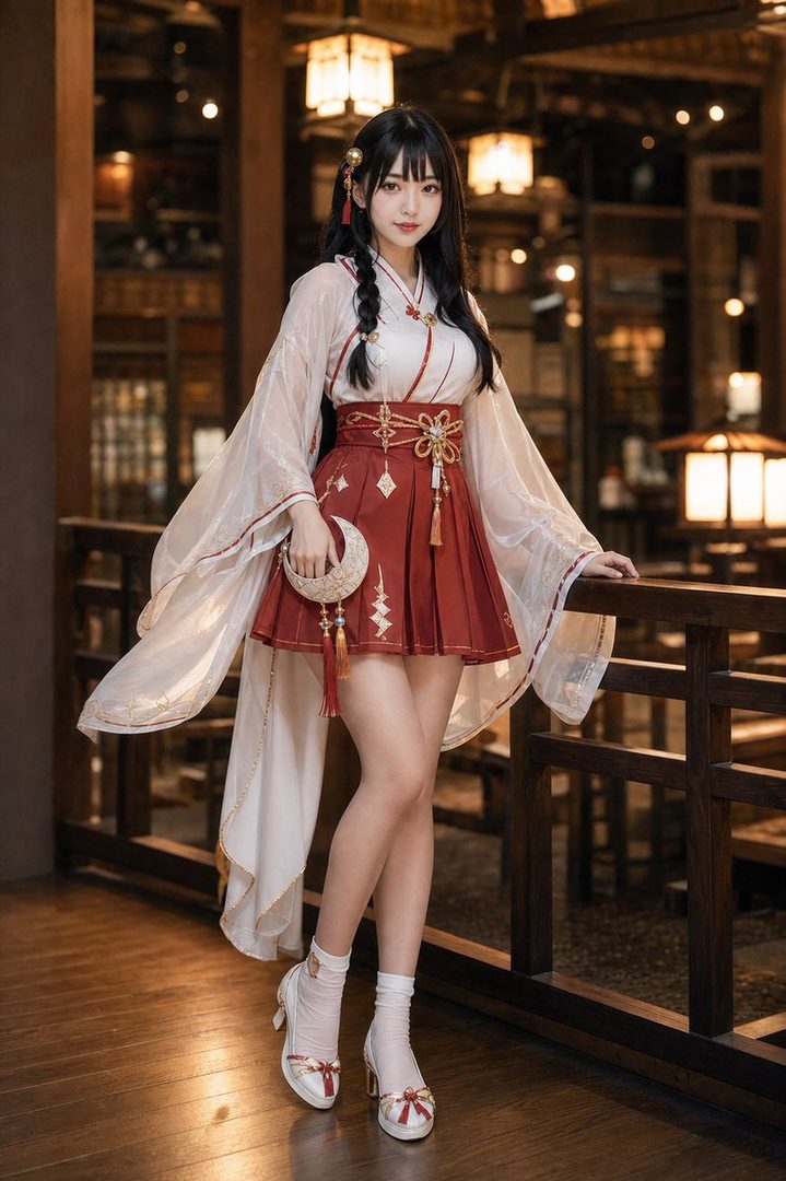 A young woman with black hair in twintails, wearing a white and red traditional Japanese-inspired outfit with a pleated skirt, posing indoors.