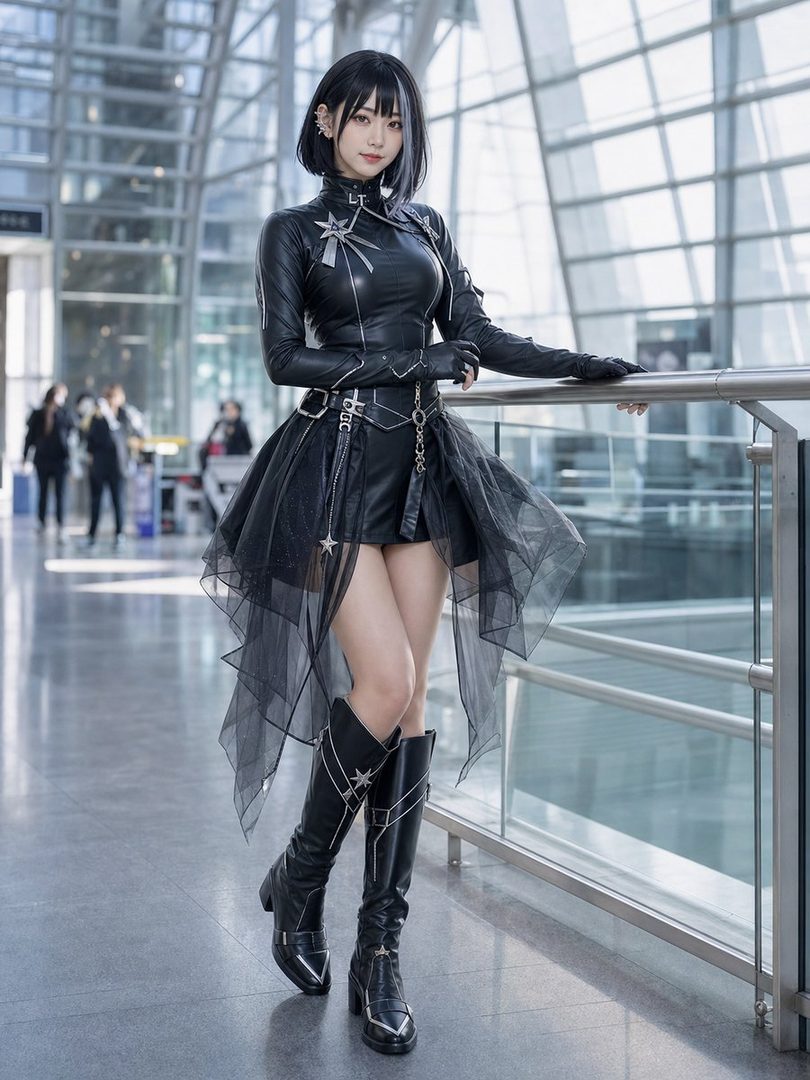 A young woman with short black hair and bangs, wearing a black leather outfit with a short skirt and tall boots, posing indoors.